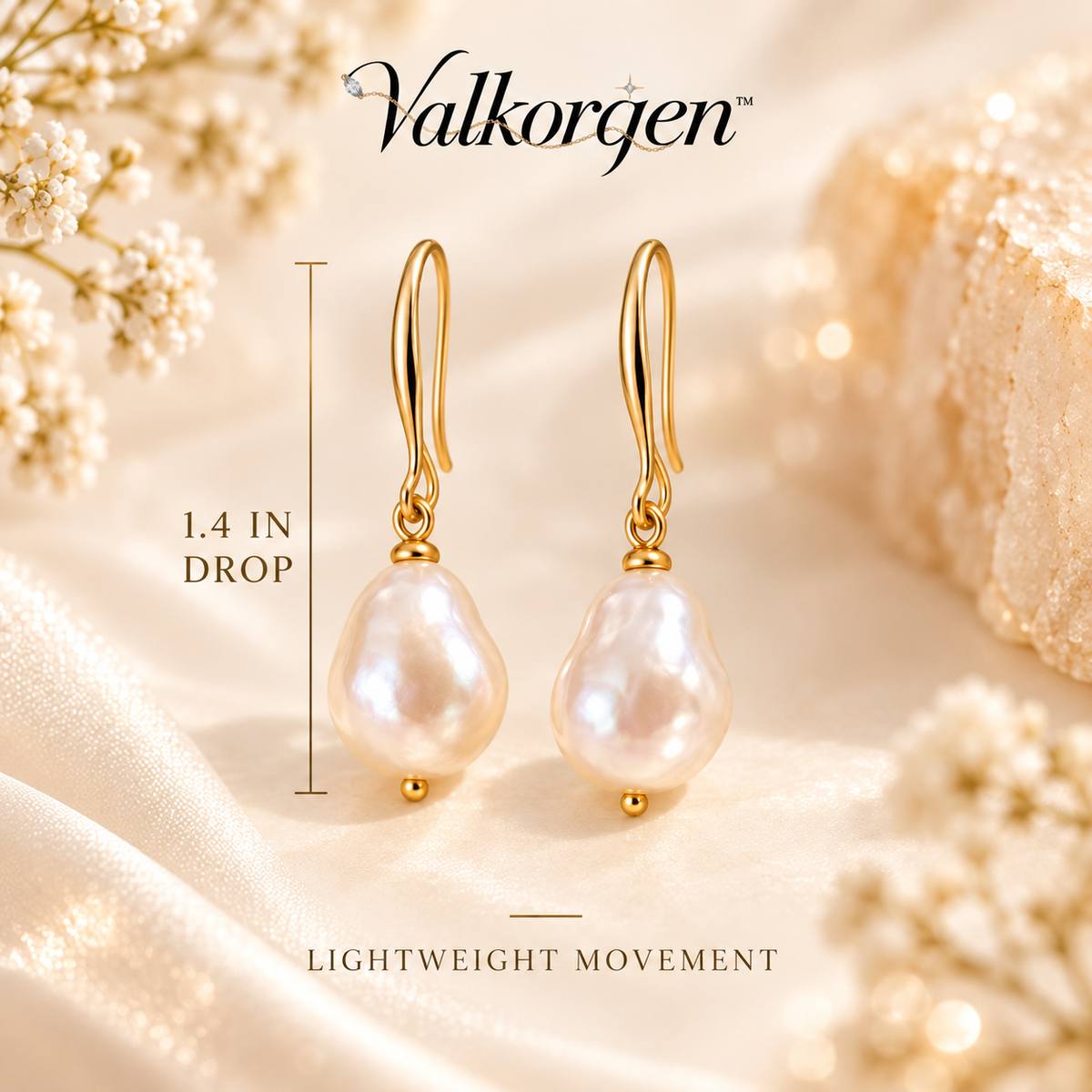 Amara Freshwater Pearl Drop Earrings – Organic Pearl Gold-Tone Hook Earrings, Modern Bridal and Everyday Jewelry | Valkorqen™