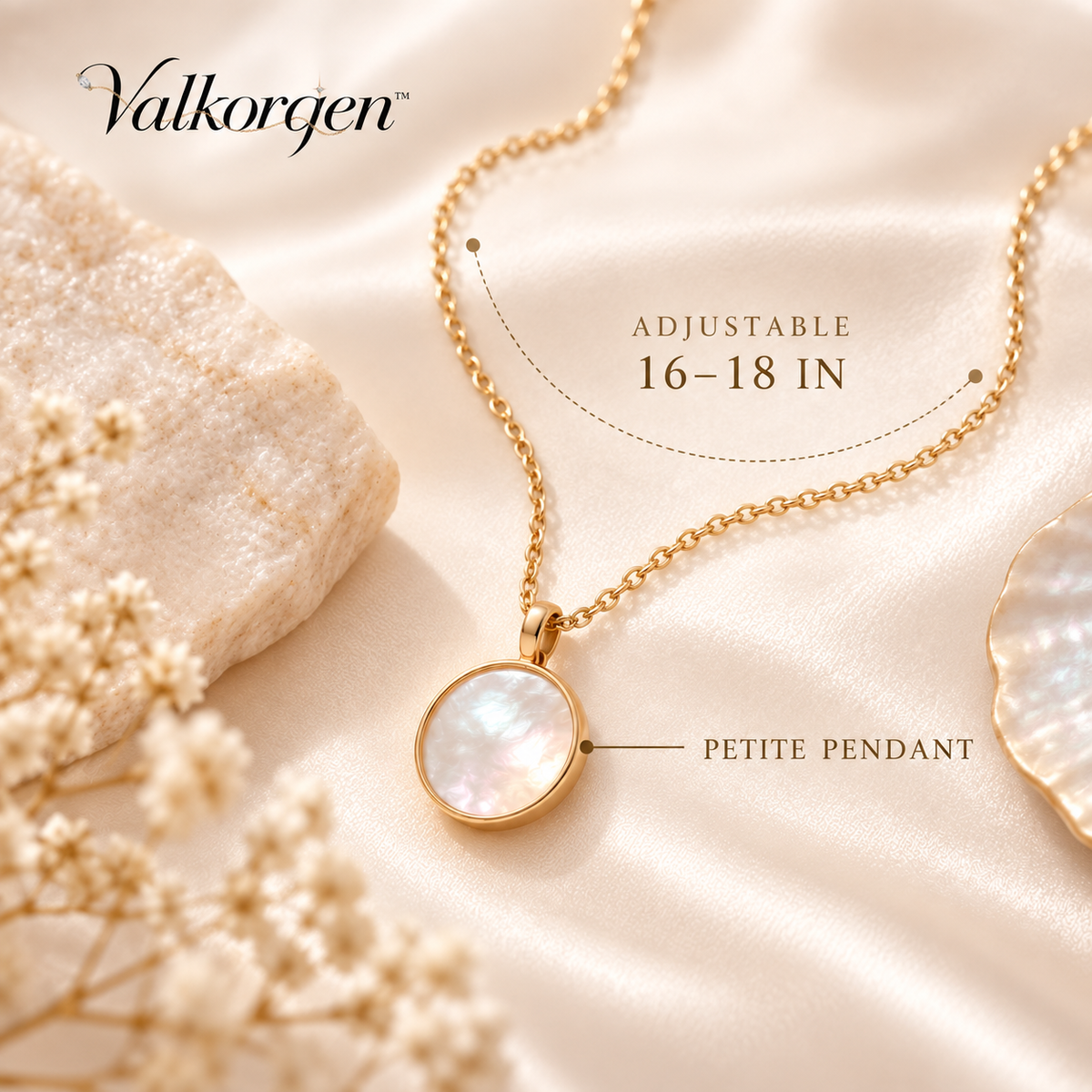 Vela Mother-of-Pearl Pendant Necklace – Adjustable Gold-Tone Chain, Iridescent Minimalist Jewelry Gift | Valkorqen™