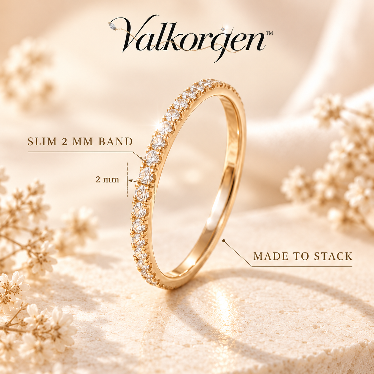 Lumière Pavé Crystal Stacking Ring – Slim 2 mm Gold-Tone Band, Minimalist Sparkle Ring for Everyday Layering | Valkorqen™