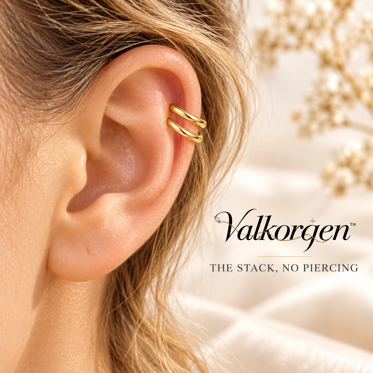 Nova Double-Band Ear Cuff – Adjustable Gold-Tone Non-Pierced Ear Wrap, Minimalist Stacked Earring Look | Valkorqen™