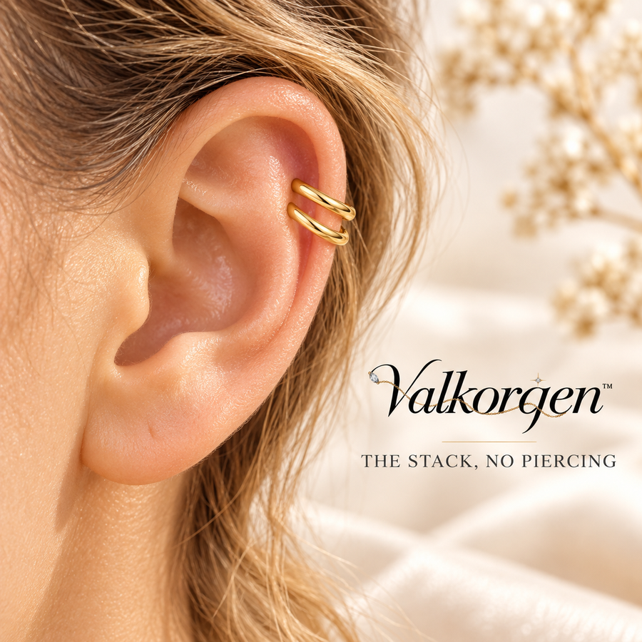 Nova Double-Band Ear Cuff – Adjustable Gold-Tone Non-Pierced Ear Wrap, Minimalist Stacked Earring Look | Valkorqen™