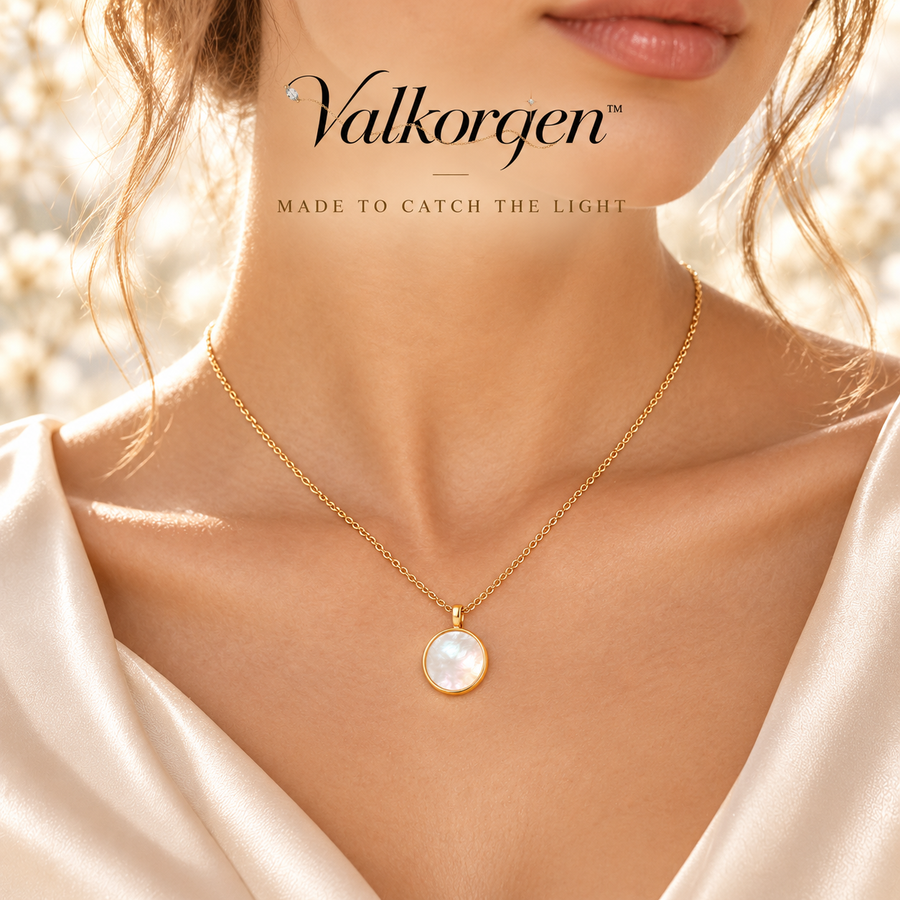 Vela Mother-of-Pearl Pendant Necklace – Adjustable Gold-Tone Chain, Iridescent Minimalist Jewelry Gift | Valkorqen™
