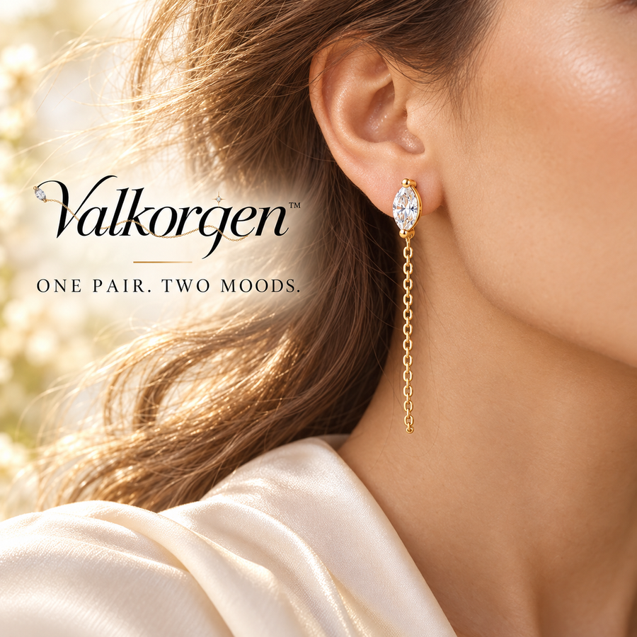 Seraphine Convertible Crystal Chain Earrings – 2-in-1 Gold-Tone Stud and Removable Drop Earrings | Valkorqen™