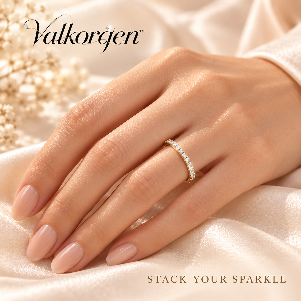 Lumière Pavé Crystal Stacking Ring – Slim 2 mm Gold-Tone Band, Minimalist Sparkle Ring for Everyday Layering | Valkorqen™