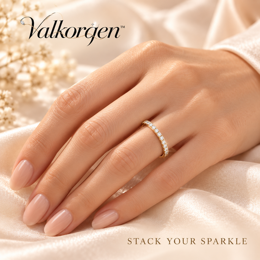 Lumière Pavé Crystal Stacking Ring – Slim 2 mm Gold-Tone Band, Minimalist Sparkle Ring for Everyday Layering | Valkorqen™
