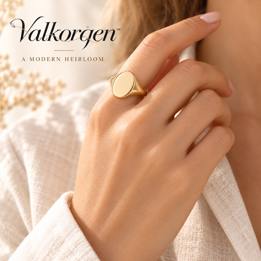 Aurelia Oval Signet Ring – Polished Gold-Tone Statement Ring with 12 × 9 mm Face, Modern Heirloom Jewelry | Valkorqen™