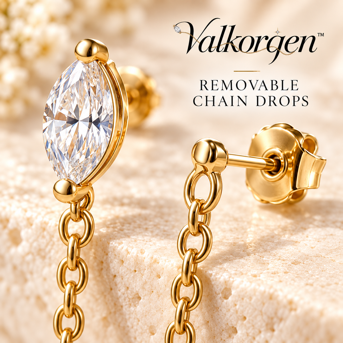 Seraphine Convertible Crystal Chain Earrings – 2-in-1 Gold-Tone Stud and Removable Drop Earrings | Valkorqen™
