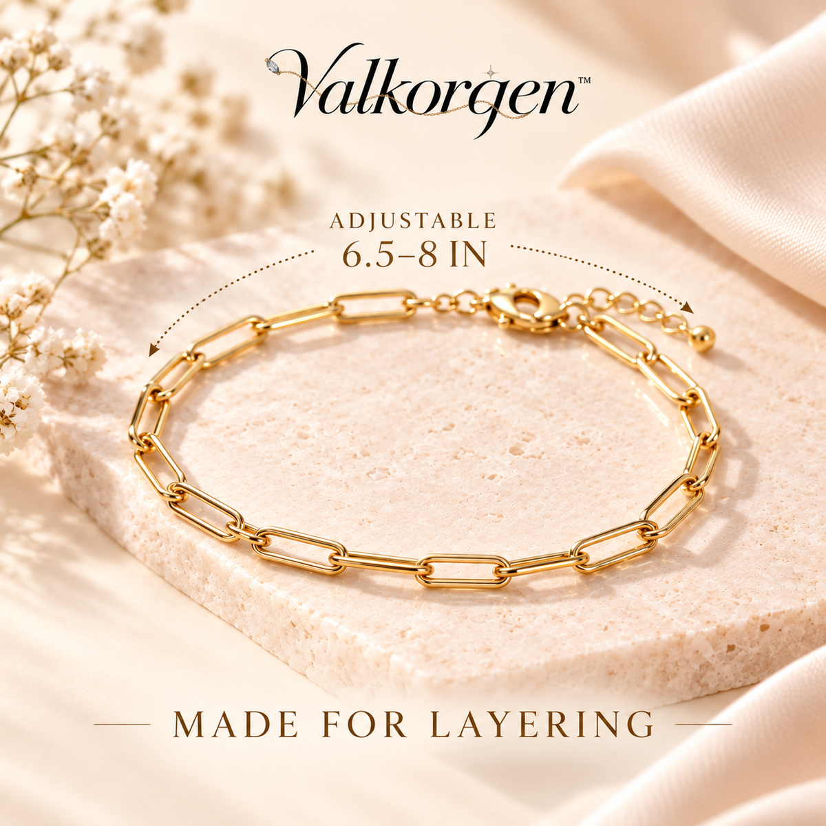 Oria Paperclip Chain Bracelet – Adjustable Gold-Tone Elongated Link Bracelet, Minimalist Layering Jewelry | Valkorqen™