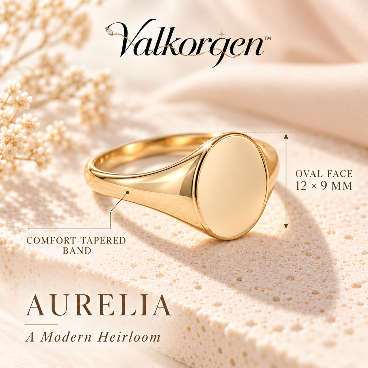 Aurelia Oval Signet Ring – Polished Gold-Tone Statement Ring with 12 × 9 mm Face, Modern Heirloom Jewelry | Valkorqen™