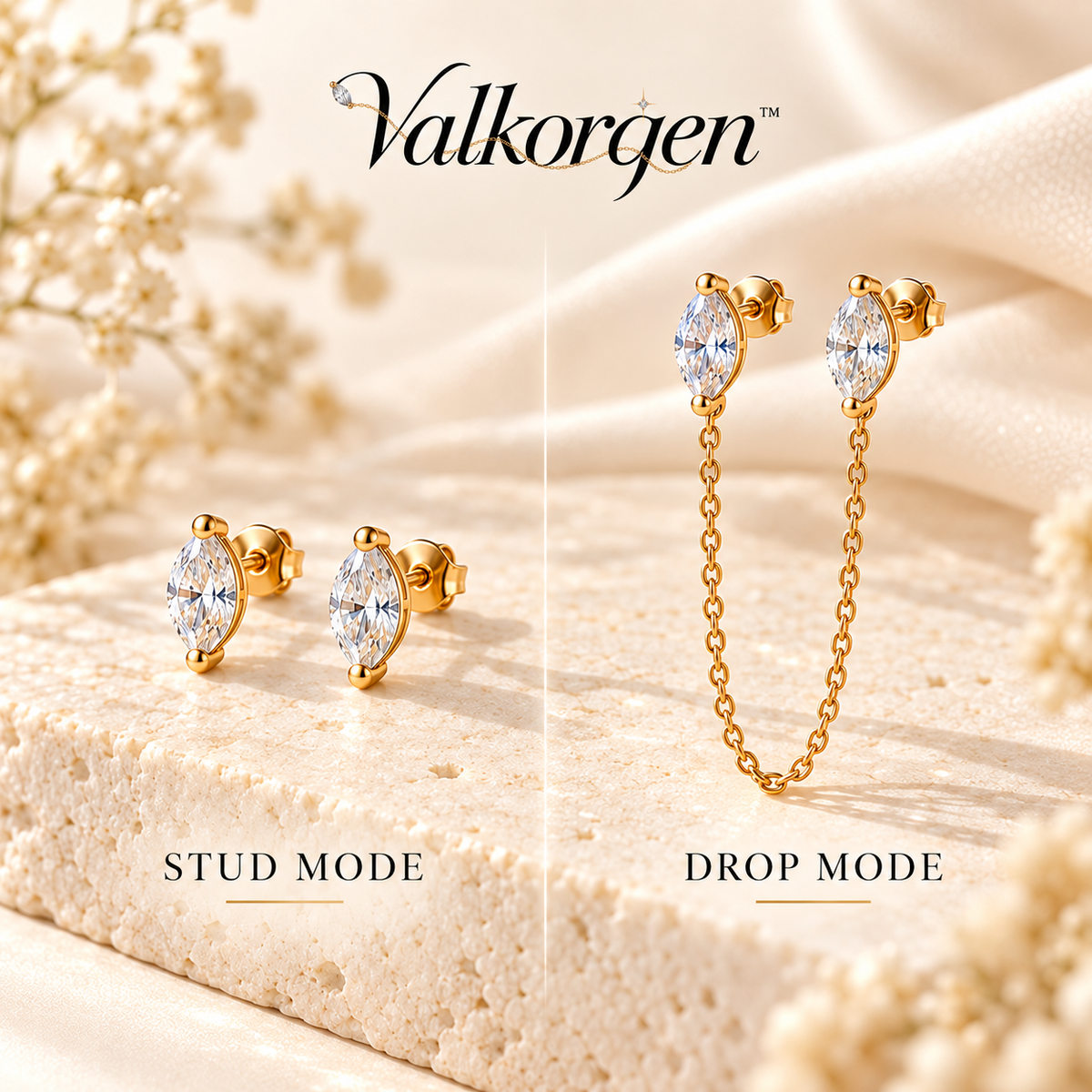 Seraphine Convertible Crystal Chain Earrings – 2-in-1 Gold-Tone Stud and Removable Drop Earrings | Valkorqen™