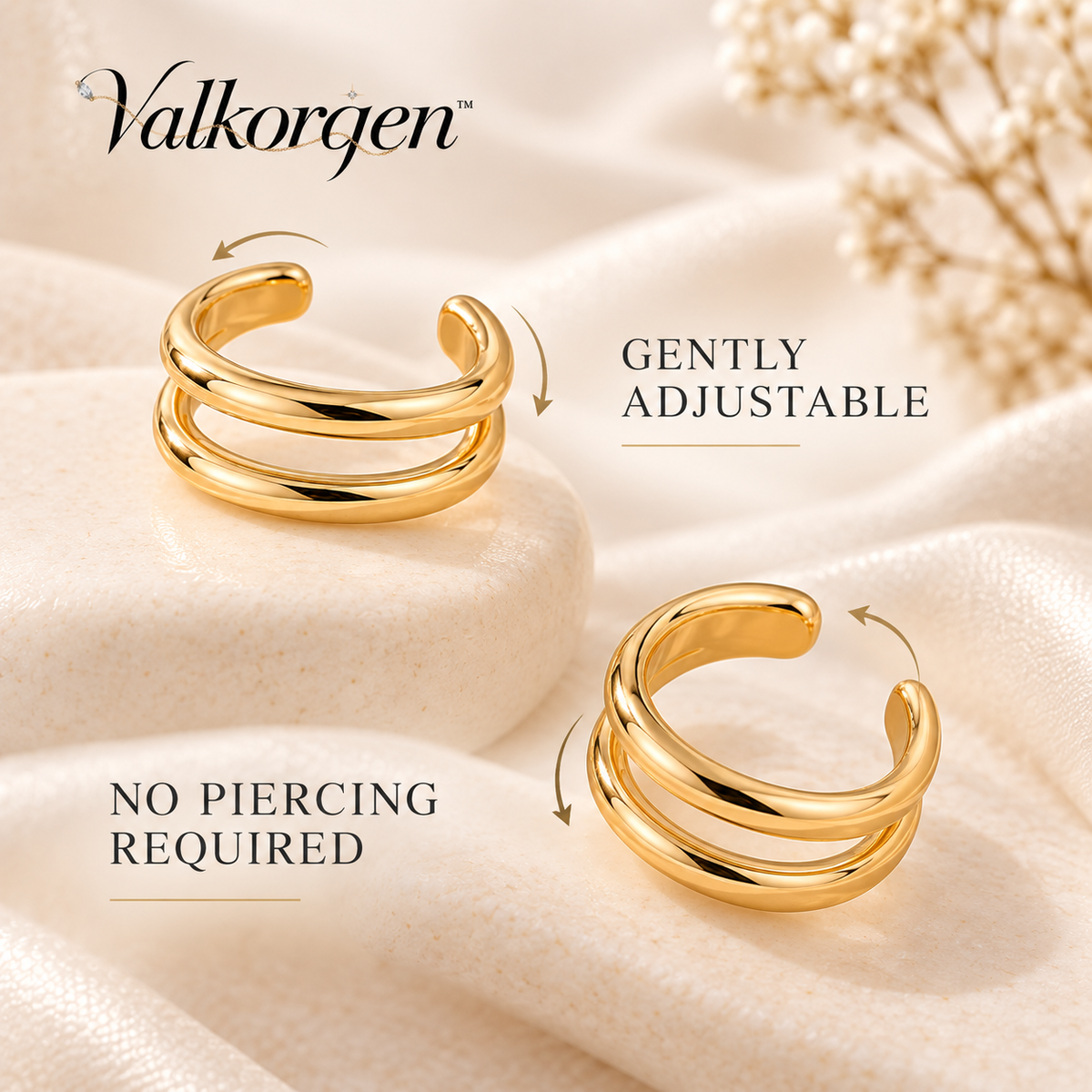 Nova Double-Band Ear Cuff – Adjustable Gold-Tone Non-Pierced Ear Wrap, Minimalist Stacked Earring Look | Valkorqen™