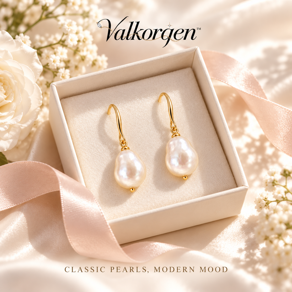 Amara Freshwater Pearl Drop Earrings – Organic Pearl Gold-Tone Hook Earrings, Modern Bridal and Everyday Jewelry | Valkorqen™