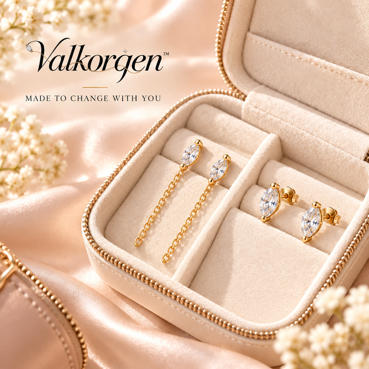 Seraphine Convertible Crystal Chain Earrings – 2-in-1 Gold-Tone Stud and Removable Drop Earrings | Valkorqen™