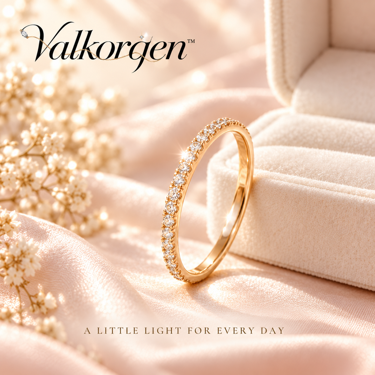Lumière Pavé Crystal Stacking Ring – Slim 2 mm Gold-Tone Band, Minimalist Sparkle Ring for Everyday Layering | Valkorqen™